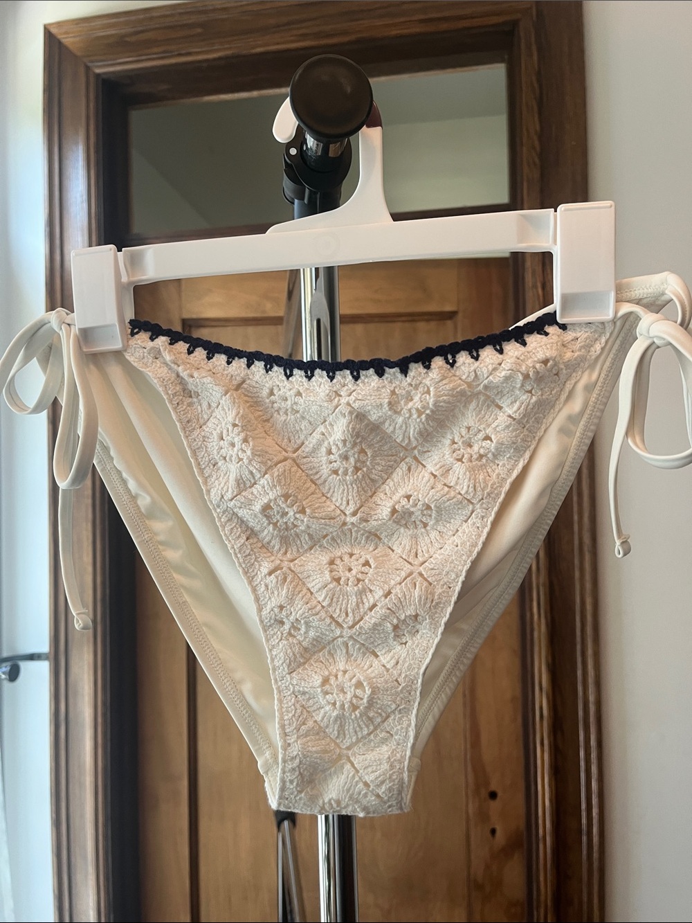 Shade & Shore Cream Crochet Tie-Side Bikini Bottoms with Navy Trim
